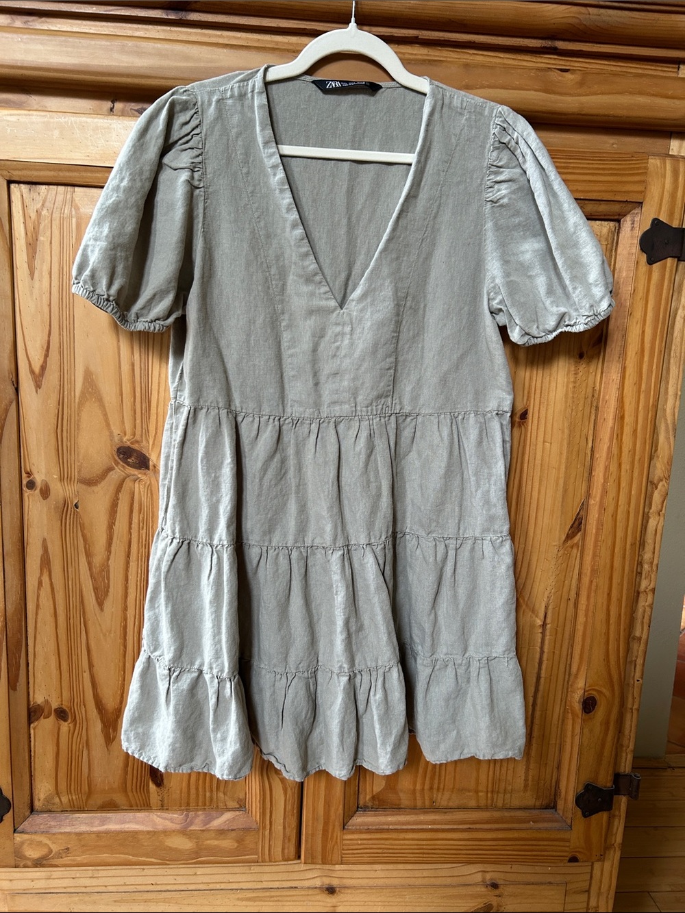 Zara Babydoll Dress Sage Green V-Neck Tiered Mini Dress Size Large